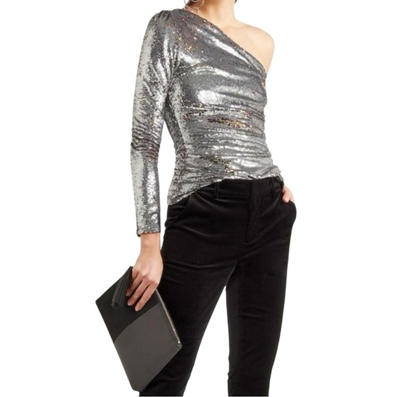 MAJE Loinita Argent Metallic Sequined One Shoulder Top - Picture 1 of 13